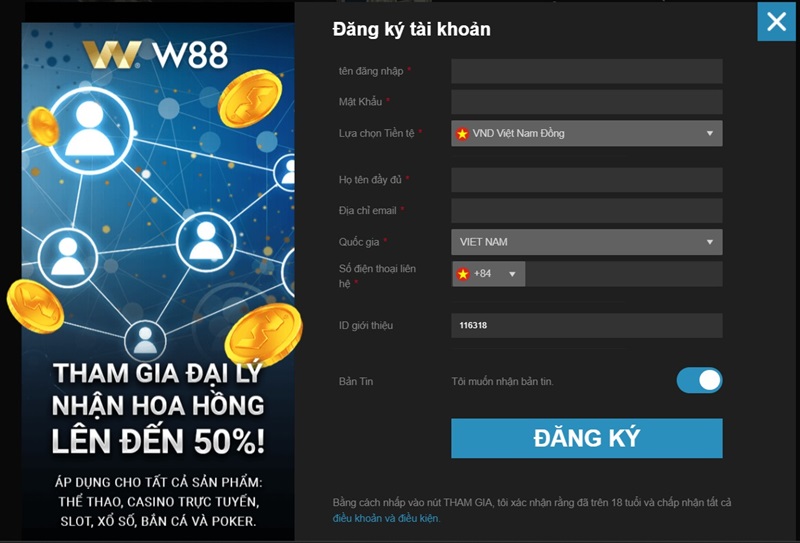 hướng dẫn cách đăng ký đại lý w88